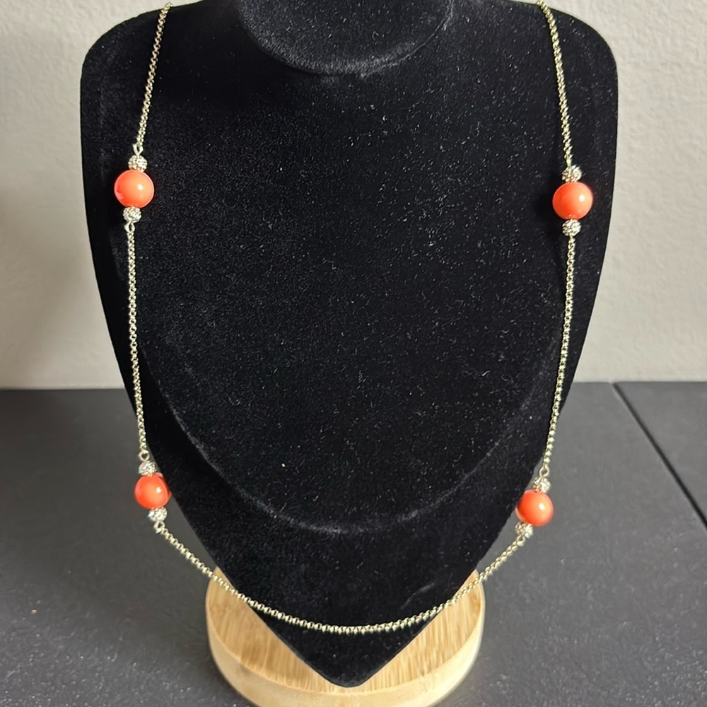 NWT Ann Taylor Elegant Gold and Orange Rhinestone Beaded Necklace Long
